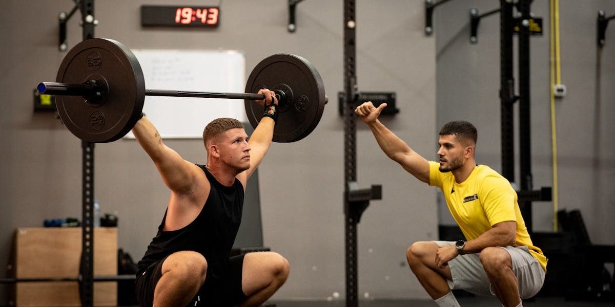 Man lifting weights under coach supervision in a gym setting, focusing on strength training.